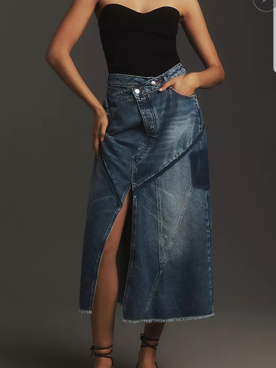 Pilcro Dresses & Skirts - Pilcro Indigo Patchwork Denim Maxi Skirt with Front Slit